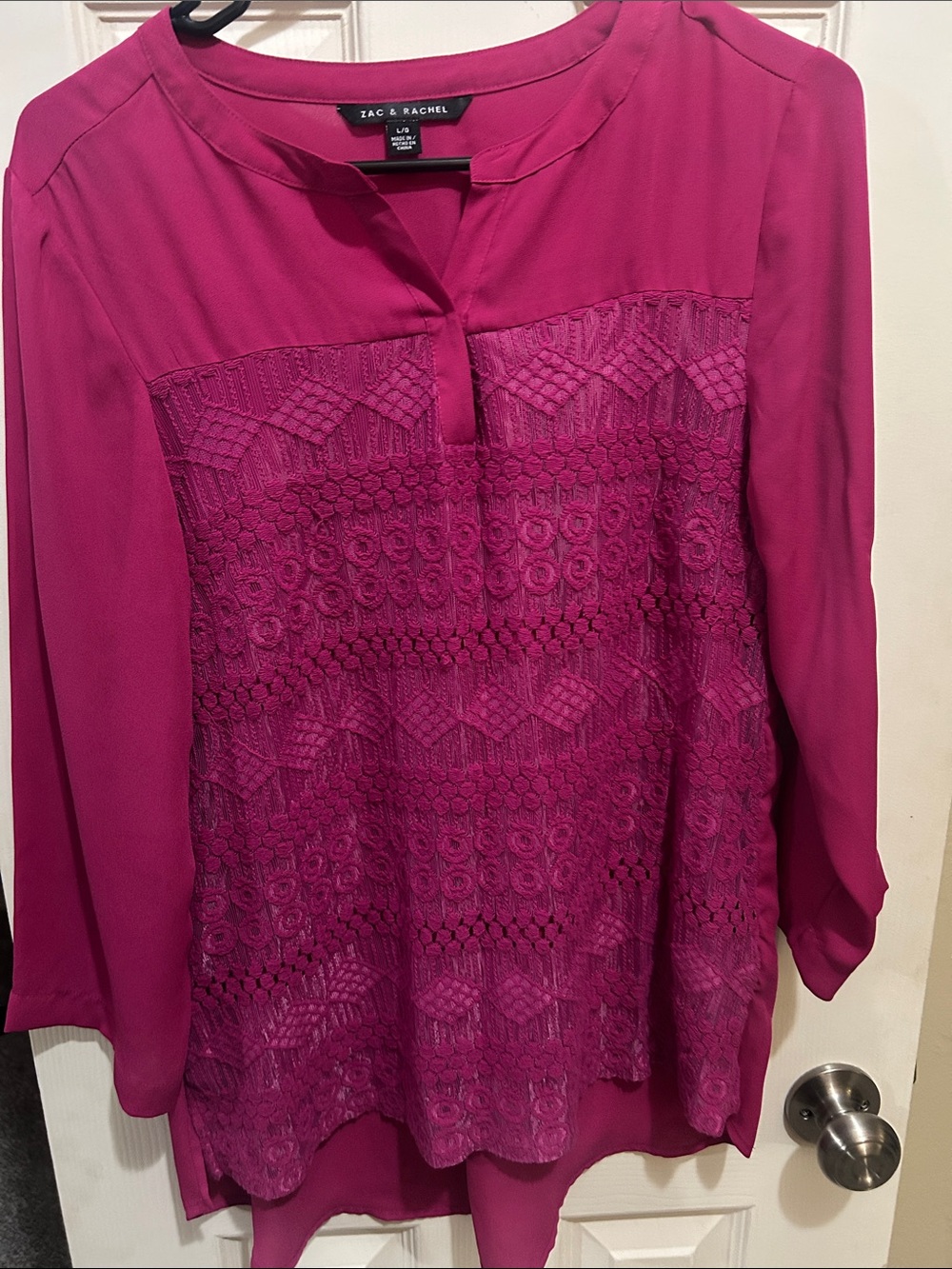 Zac & Rachel Magenta Lace-Front Long Sleeve Blouse